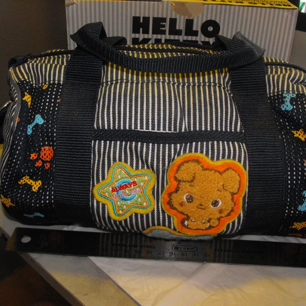 Denim Duffle Shoulder Bag Striped embroidered patches 12"x 6" w/ 24" strap drop